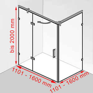Breite / Tiefe / Höhe: 1101 - 1600 mm / 1101 - 1600 mm / bis 2000 mm