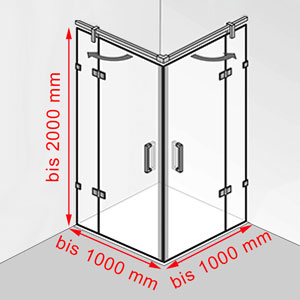 Breite / Tiefe / Höhe: bis 1000 mm / bis 1000 mm / bis 2000 mm