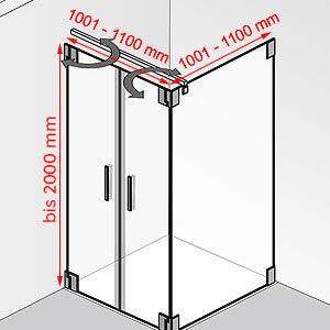 Breite / Tiefe / Höhe: 1001 - 1100 mm / 1001 - 1100 mm / bis 2000 mm